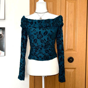 Wild Fable Off-Shoulder Blouse Top Womens Small Teal Floral Coquette Whimsygoth